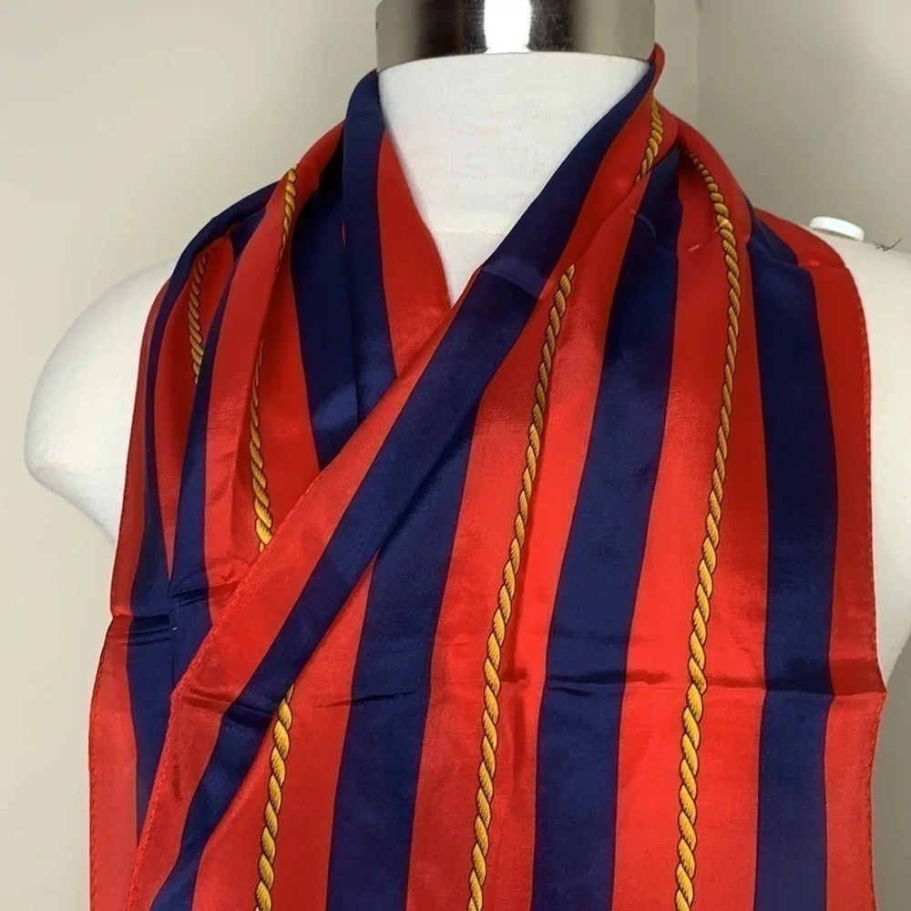 Echo || Silk Nautical Red Blue Striped with Gold Rope Design Scarf 10 1/2” x 52”